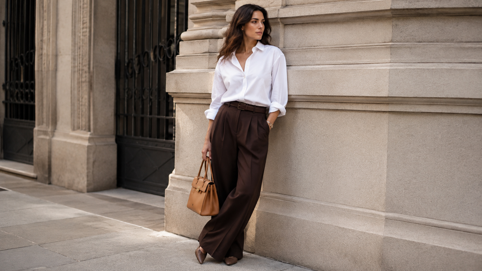 Crisp White Shirt + Espresso Wide-Leg Trousers Quiet Luxury Fall Outfits 2026